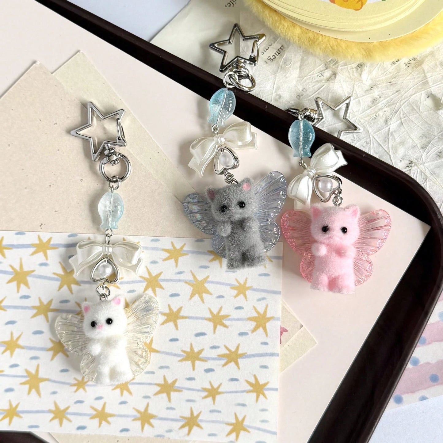 1pc Ins Cute Delicate Cartoon Cat Butterfly Minimalist Silver Chain Cross Resin Star Bowknot Flocked Multicolor Wings Cat Bear Pendant Keychain Bag Charm Suitable For Girls Women Daily Wear Holiday Gi