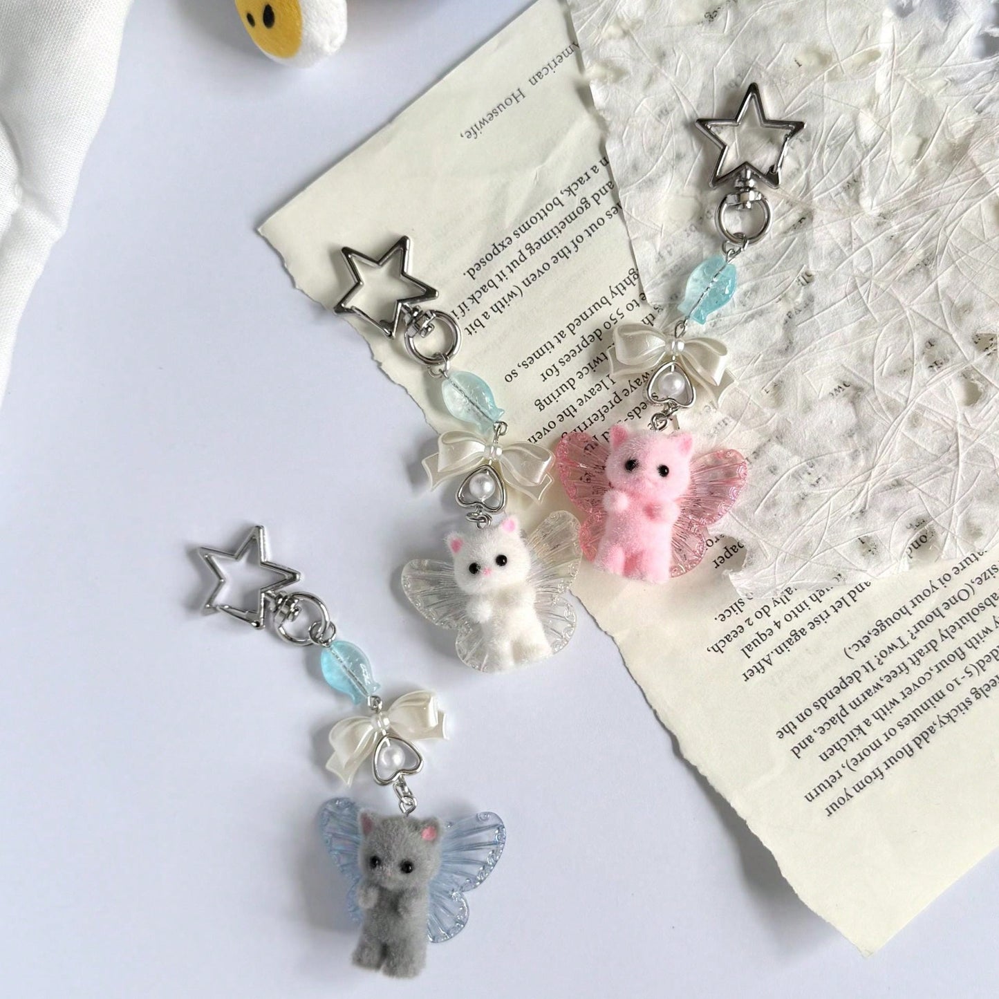 1pc Ins Cute Delicate Cartoon Cat Butterfly Minimalist Silver Chain Cross Resin Star Bowknot Flocked Multicolor Wings Cat Bear Pendant Keychain Bag Charm Suitable For Girls Women Daily Wear Holiday Gi