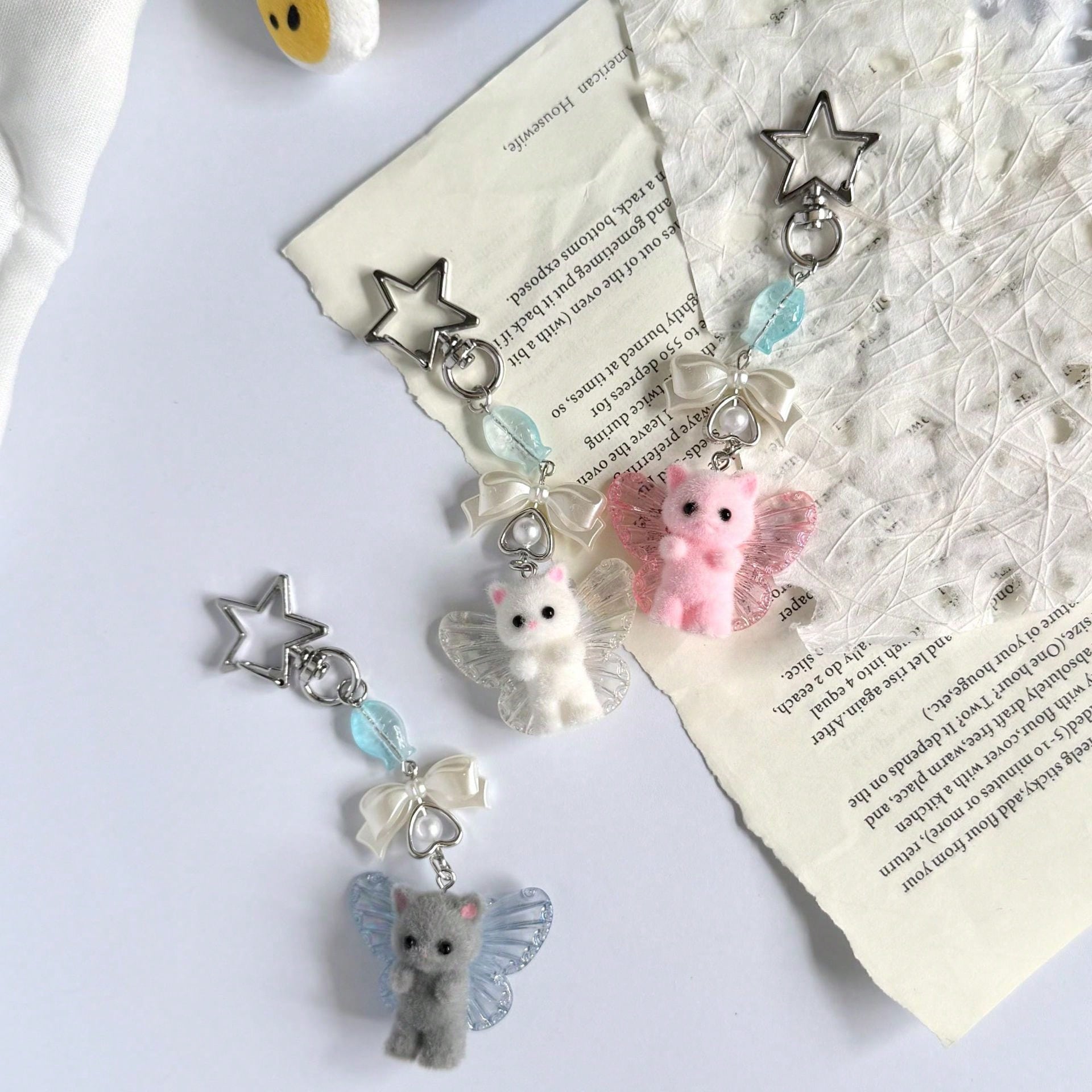 1pc Ins Cute Delicate Cartoon Cat Butterfly Minimalist Silver Chain Cross Resin Star Bowknot Flocked Multicolor Wings Cat Bear Pendant Keychain Bag Charm Suitable For Girls Women Daily Wear Holiday Gi