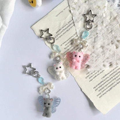1pc Ins Cute Delicate Cartoon Cat Butterfly Minimalist Silver Chain Cross Resin Star Bowknot Flocked Multicolor Wings Cat Bear Pendant Keychain Bag Charm Suitable For Girls Women Daily Wear Holiday Gi
