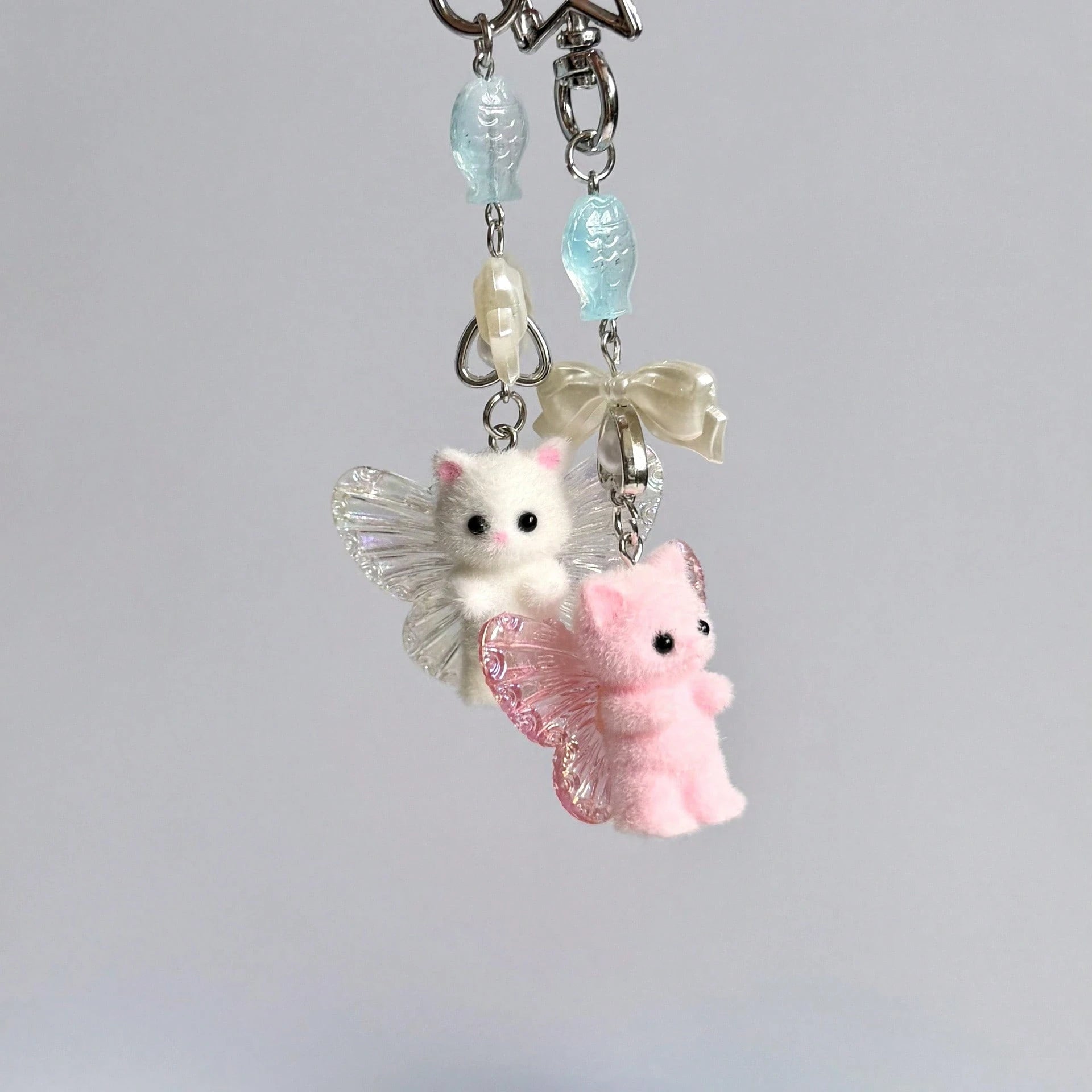 1pc Ins Cute Delicate Cartoon Cat Butterfly Minimalist Silver Chain Cross Resin Star Bowknot Flocked Multicolor Wings Cat Bear Pendant Keychain Bag Charm Suitable For Girls Women Daily Wear Holiday Gi