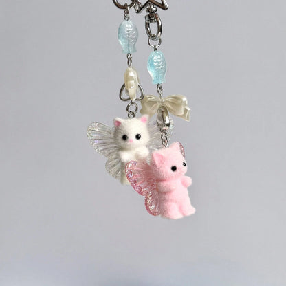 1pc Ins Cute Delicate Cartoon Cat Butterfly Minimalist Silver Chain Cross Resin Star Bowknot Flocked Multicolor Wings Cat Bear Pendant Keychain Bag Charm Suitable For Girls Women Daily Wear Holiday Gi