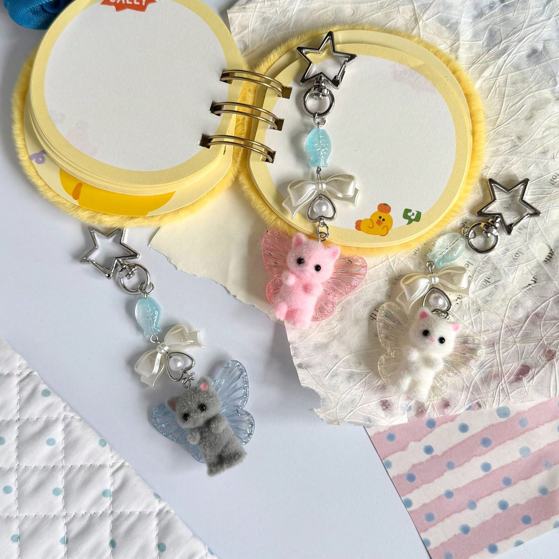 1pc Ins Cute Delicate Cartoon Cat Butterfly Minimalist Silver Chain Cross Resin Star Bowknot Flocked Multicolor Wings Cat Bear Pendant Keychain Bag Charm Suitable For Girls Women Daily Wear Holiday Gi