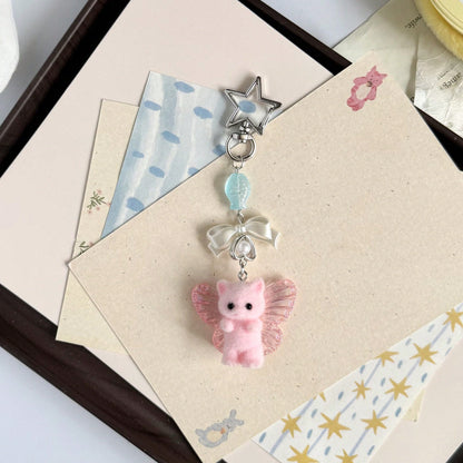 1pc Ins Cute Delicate Cartoon Cat Butterfly Minimalist Silver Chain Cross Resin Star Bowknot Flocked Multicolor Wings Cat Bear Pendant Keychain Bag Charm Suitable For Girls Women Daily Wear Holiday Gi
