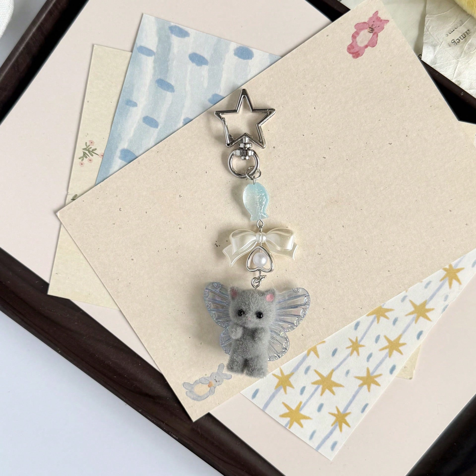 1pc Ins Cute Delicate Cartoon Cat Butterfly Minimalist Silver Chain Cross Resin Star Bowknot Flocked Multicolor Wings Cat Bear Pendant Keychain Bag Charm Suitable For Girls Women Daily Wear Holiday Gi
