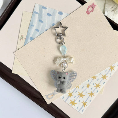 1pc Ins Cute Delicate Cartoon Cat Butterfly Minimalist Silver Chain Cross Resin Star Bowknot Flocked Multicolor Wings Cat Bear Pendant Keychain Bag Charm Suitable For Girls Women Daily Wear Holiday Gi