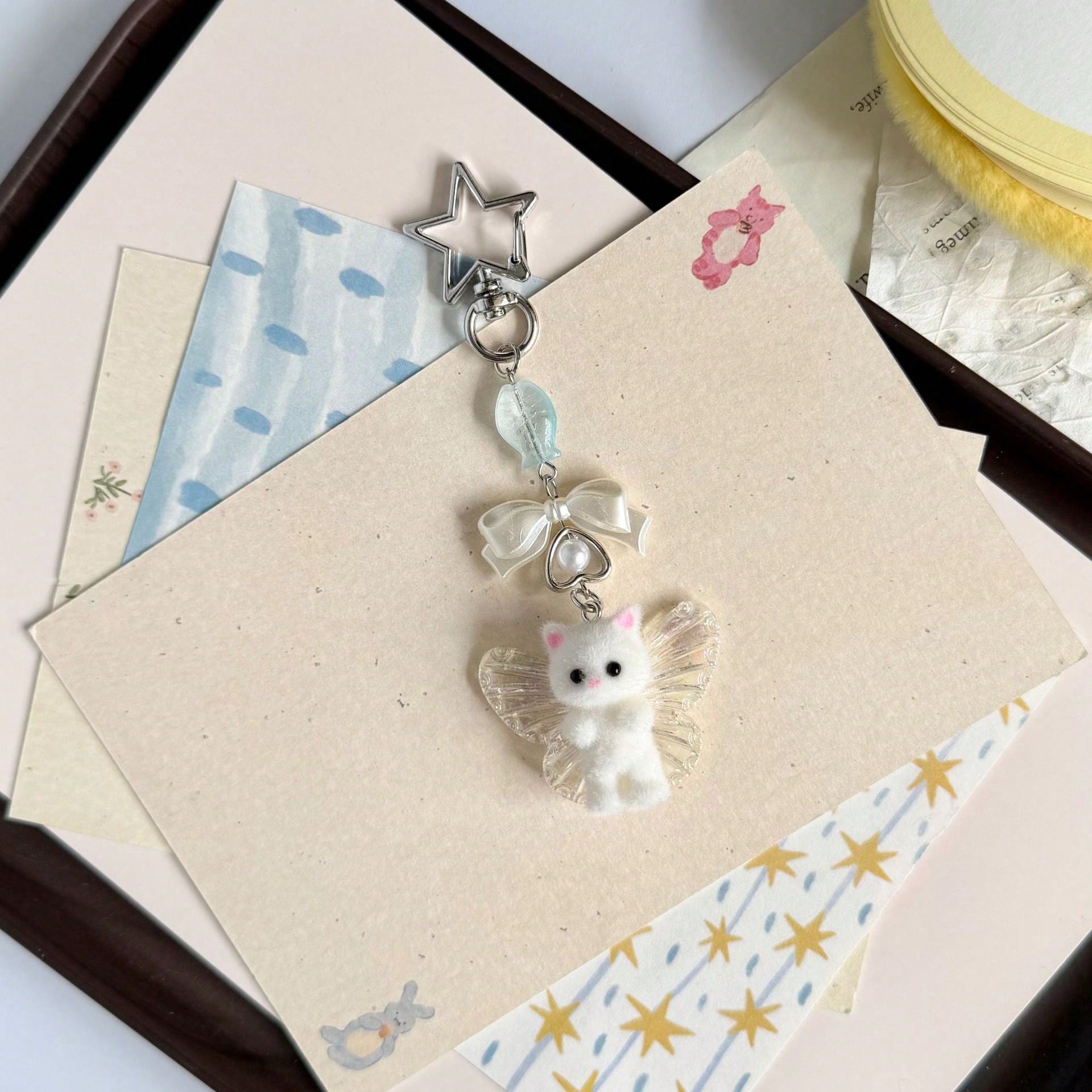 1pc Ins Cute Delicate Cartoon Cat Butterfly Minimalist Silver Chain Cross Resin Star Bowknot Flocked Multicolor Wings Cat Bear Pendant Keychain Bag Charm Suitable For Girls Women Daily Wear Holiday Gi
