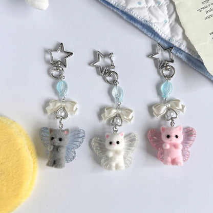 1pc Ins Cute Delicate Cartoon Cat Butterfly Minimalist Silver Chain Cross Resin Star Bowknot Flocked Multicolor Wings Cat Bear Pendant Keychain Bag Charm Suitable For Girls Women Daily Wear Holiday Gi