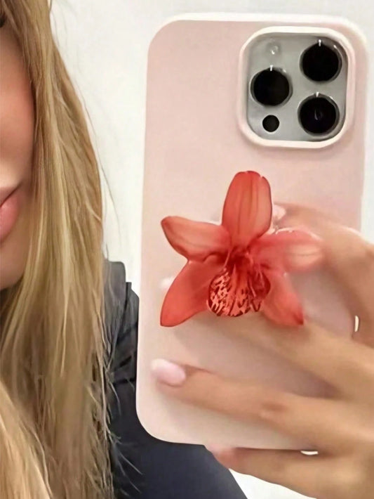 1pc INS Pink Flower Orchid Lily Acrylic Resin Phone Holder, Foldable Portable Air Cushion Phone Stand