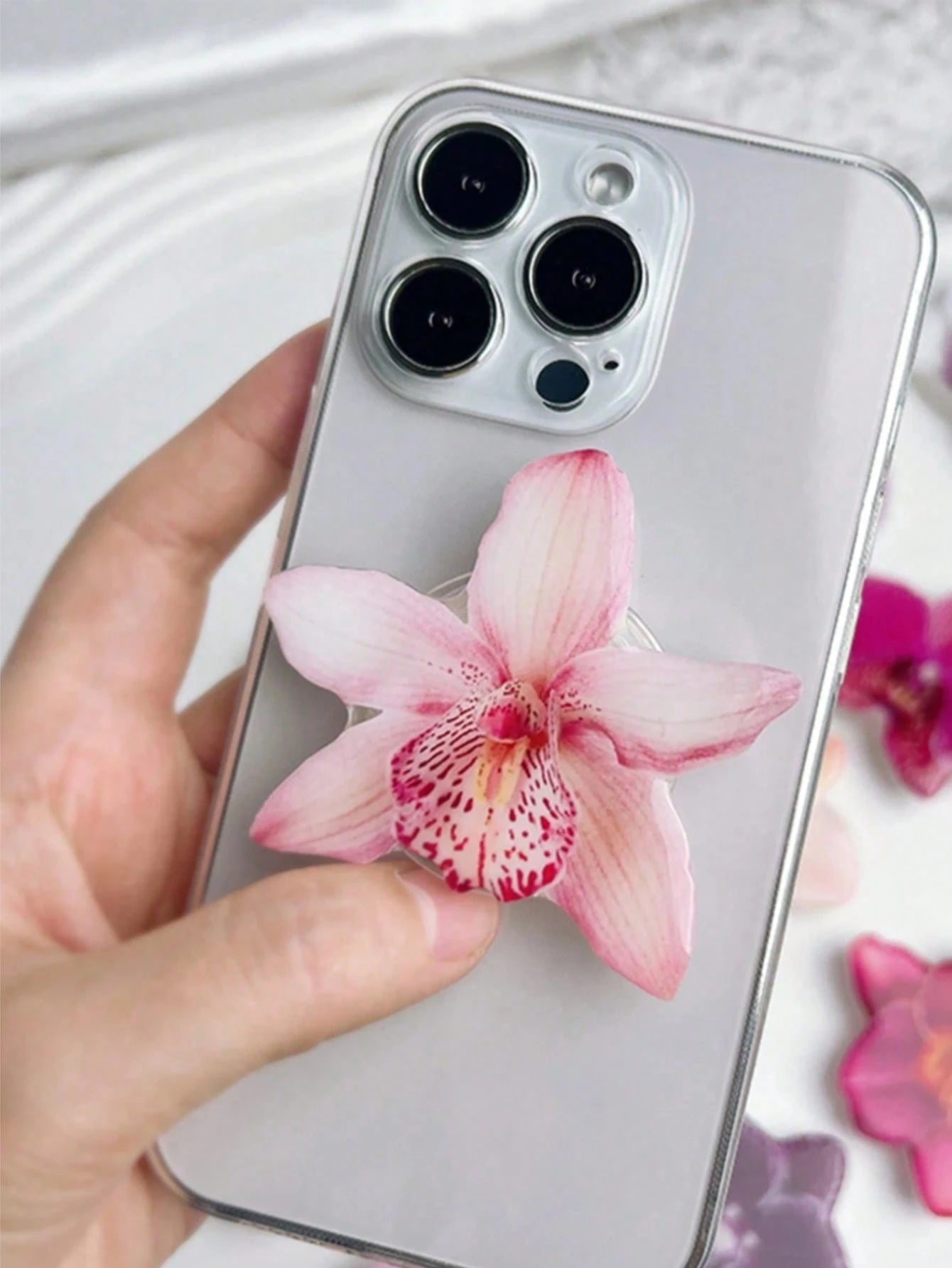 1pc INS Pink Flower Orchid Lily Acrylic Resin Phone Holder, Foldable Portable Air Cushion Phone Stand