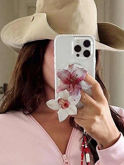 1pc INS Pink Flower Orchid Lily Acrylic Resin Phone Holder, Foldable Portable Air Cushion Phone Stand