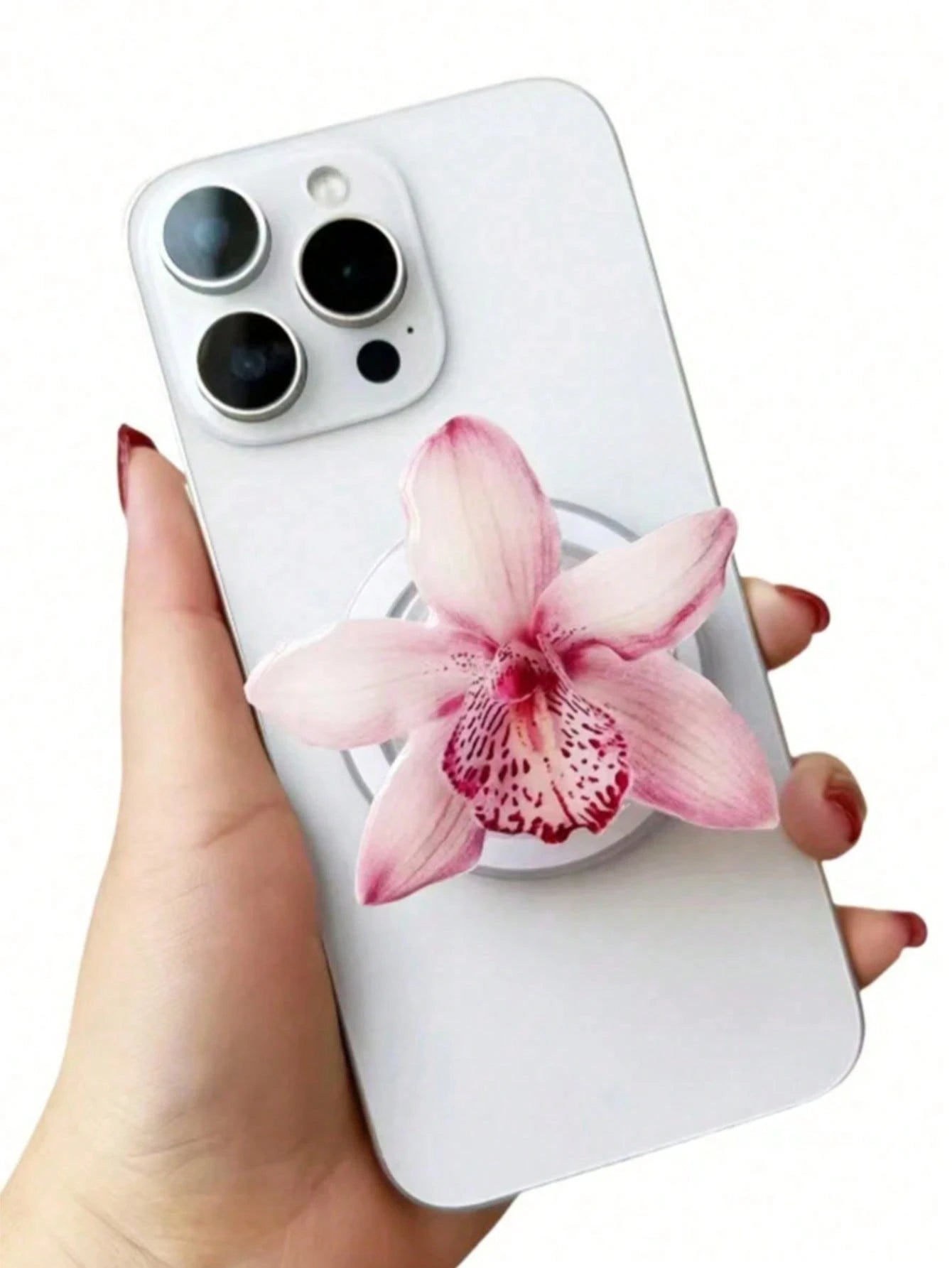 1pc INS Pink Flower Orchid Lily Acrylic Resin Phone Holder, Foldable Portable Air Cushion Phone Stand
