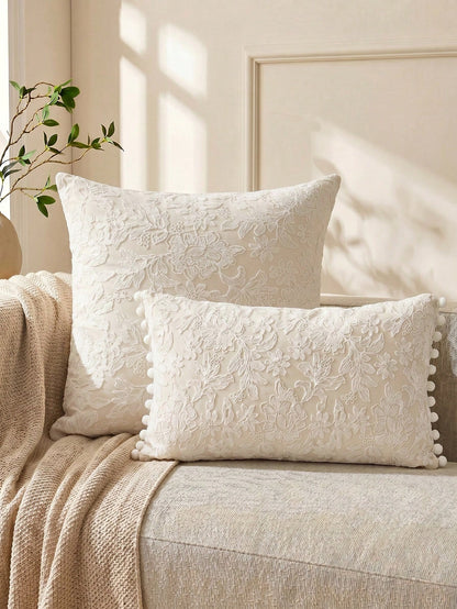 1pc Lace Embroidered Faux Fur Decorative Throw Pillow Cover, Lumbar Pillow Case For Bedroom, Living Room, Sofa, Home Decor