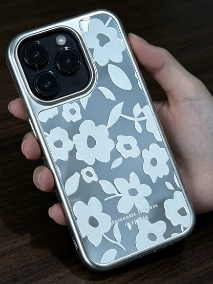 1pc Large Camera Cutout Electroplated Edge Mirror Back Phone Case Elegant White Floral Pattern Anti-Scratch Full Wrap Protective Shell Women Fashion Daily Cellphone Case Compatible With IPhone 11 12 1