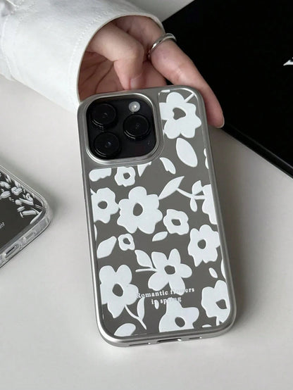 1pc Large Camera Cutout Electroplated Edge Mirror Back Phone Case Elegant White Floral Pattern Anti-Scratch Full Wrap Protective Shell Women Fashion Daily Cellphone Case Compatible With IPhone 11 12 1