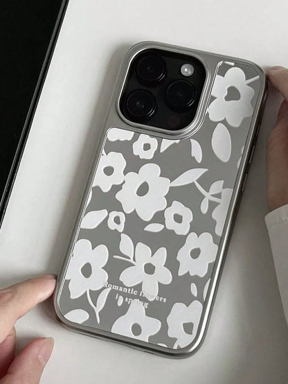 1pc Large Camera Cutout Electroplated Edge Mirror Back Phone Case Elegant White Floral Pattern Anti-Scratch Full Wrap Protective Shell Women Fashion Daily Cellphone Case Compatible With IPhone 11 12 1