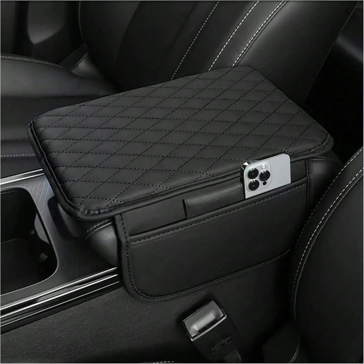 1pc Leather Car Center Console Armrest Cover Pad With 2 Storage Pockets, Universal Automotive Armrest Box Cushion, Car Interior Protection Cover, Fits Most Vehicles, Auto Accessories