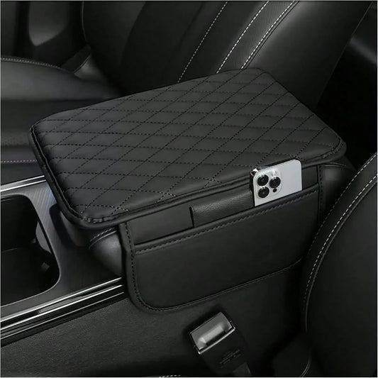 1pc Leather Car Center Console Armrest Cover Pad With 2 Storage Pockets, Universal Automotive Armrest Box Cushion, Car Interior Protection Cover, Fits Most Vehicles, Auto Accessories