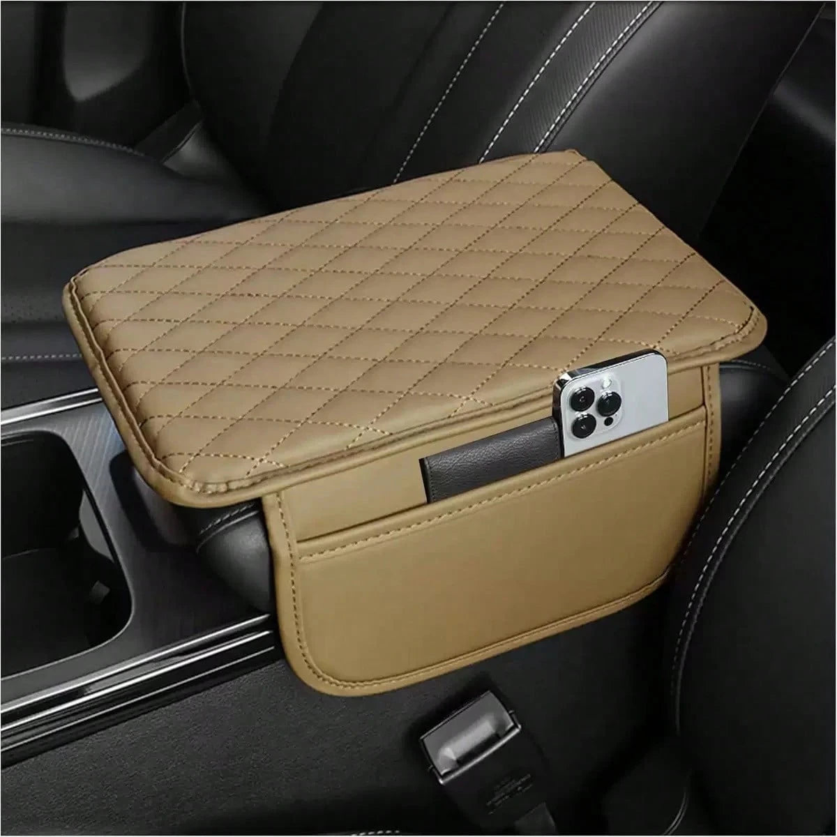1pc Leather Car Center Console Armrest Cover Pad With 2 Storage Pockets, Universal Automotive Armrest Box Cushion, Car Interior Protection Cover, Fits Most Vehicles, Auto Accessories
