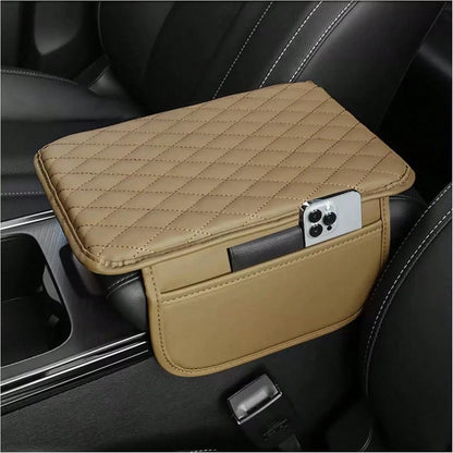 1pc Leather Car Center Console Armrest Cover Pad With 2 Storage Pockets, Universal Automotive Armrest Box Cushion, Car Interior Protection Cover, Fits Most Vehicles, Auto Accessories