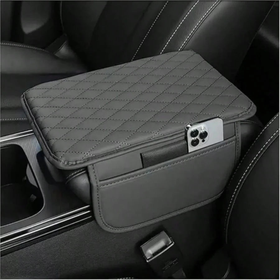 1pc Leather Car Center Console Armrest Cover Pad With 2 Storage Pockets, Universal Automotive Armrest Box Cushion, Car Interior Protection Cover, Fits Most Vehicles, Auto Accessories