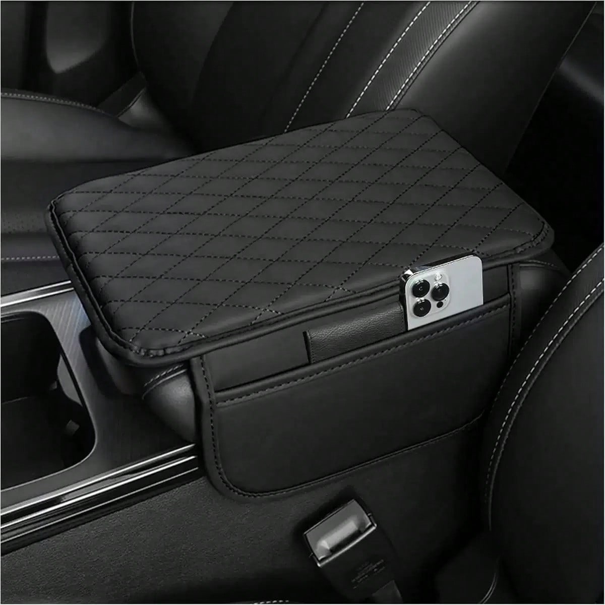 1pc Leather Car Center Console Armrest Cover Pad With 2 Storage Pockets, Universal Automotive Armrest Box Cushion, Car Interior Protection Cover, Fits Most Vehicles, Auto Accessories
