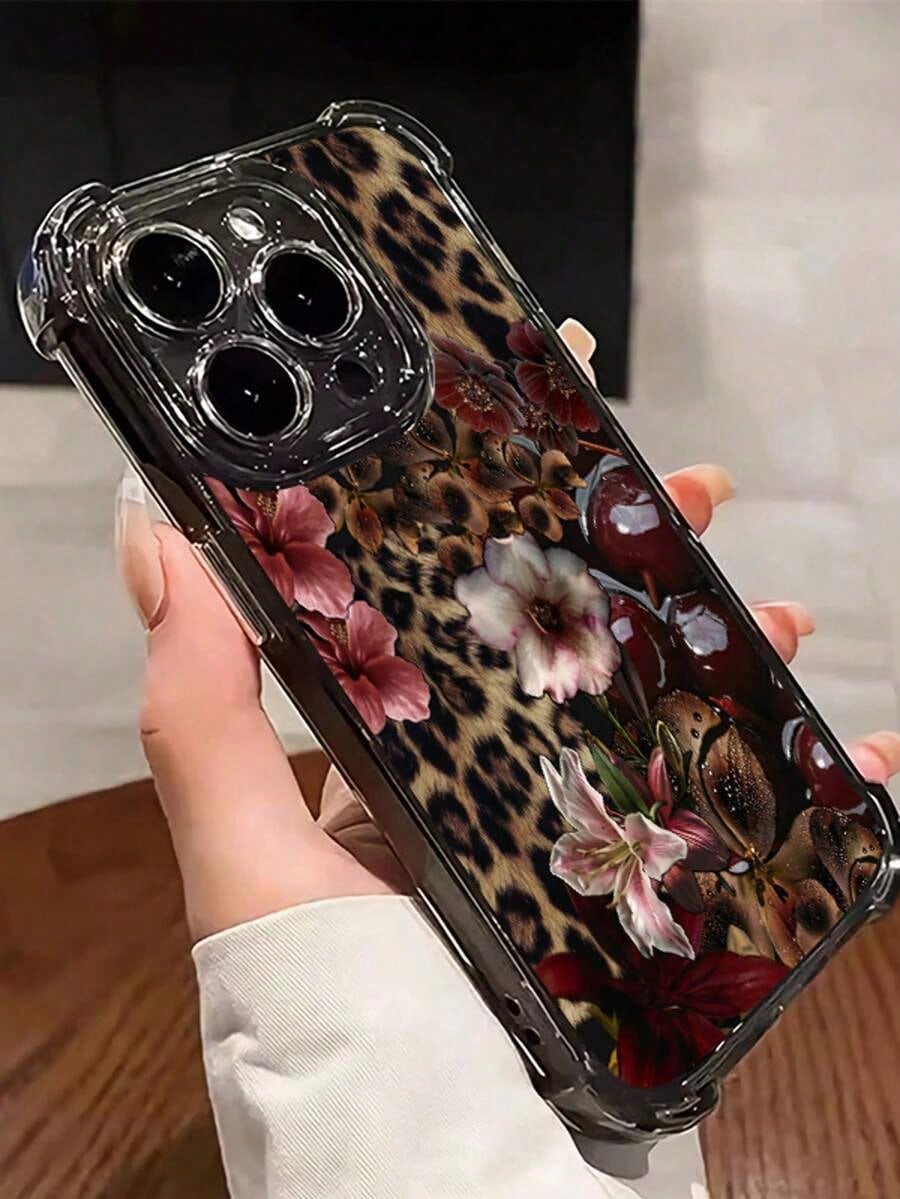 1pc Leopard Cherry Flowers Compatible With Apple Phone17/16/15/14/13/12/11/ProMax/Pro/Plus/Xs Max/XS/X,Four Corner Anti Fall Transparent Soft Shell Anti-Slip, Anti-Drop, Camera Lens Protection, Silico
