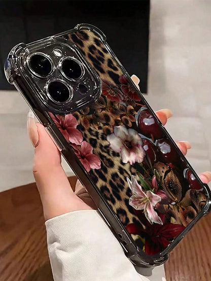 1pc Leopard Cherry Flowers Compatible With Apple Phone17/16/15/14/13/12/11/ProMax/Pro/Plus/Xs Max/XS/X,Four Corner Anti Fall Transparent Soft Shell Anti-Slip, Anti-Drop, Camera Lens Protection, Silico