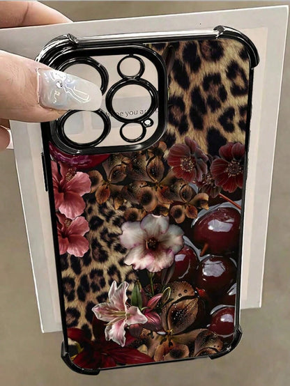 1pc Leopard Cherry Flowers Compatible With Apple Phone17/16/15/14/13/12/11/ProMax/Pro/Plus/Xs Max/XS/X,Four Corner Anti Fall Transparent Soft Shell Anti-Slip, Anti-Drop, Camera Lens Protection, Silico