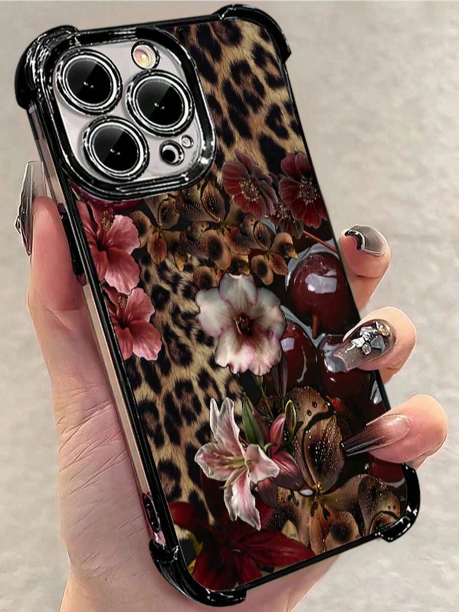 1pc Leopard Cherry Flowers Compatible With Apple Phone17/16/15/14/13/12/11/ProMax/Pro/Plus/Xs Max/XS/X,Four Corner Anti Fall Transparent Soft Shell Anti-Slip, Anti-Drop, Camera Lens Protection, Silico