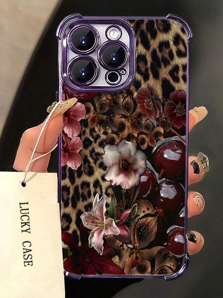 1pc Leopard Cherry Flowers Compatible With Apple Phone17/16/15/14/13/12/11/ProMax/Pro/Plus/Xs Max/XS/X,Four Corner Anti Fall Transparent Soft Shell Anti-Slip, Anti-Drop, Camera Lens Protection, Silico