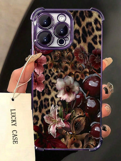 1pc Leopard Cherry Flowers Compatible With Apple Phone17/16/15/14/13/12/11/ProMax/Pro/Plus/Xs Max/XS/X,Four Corner Anti Fall Transparent Soft Shell Anti-Slip, Anti-Drop, Camera Lens Protection, Silico