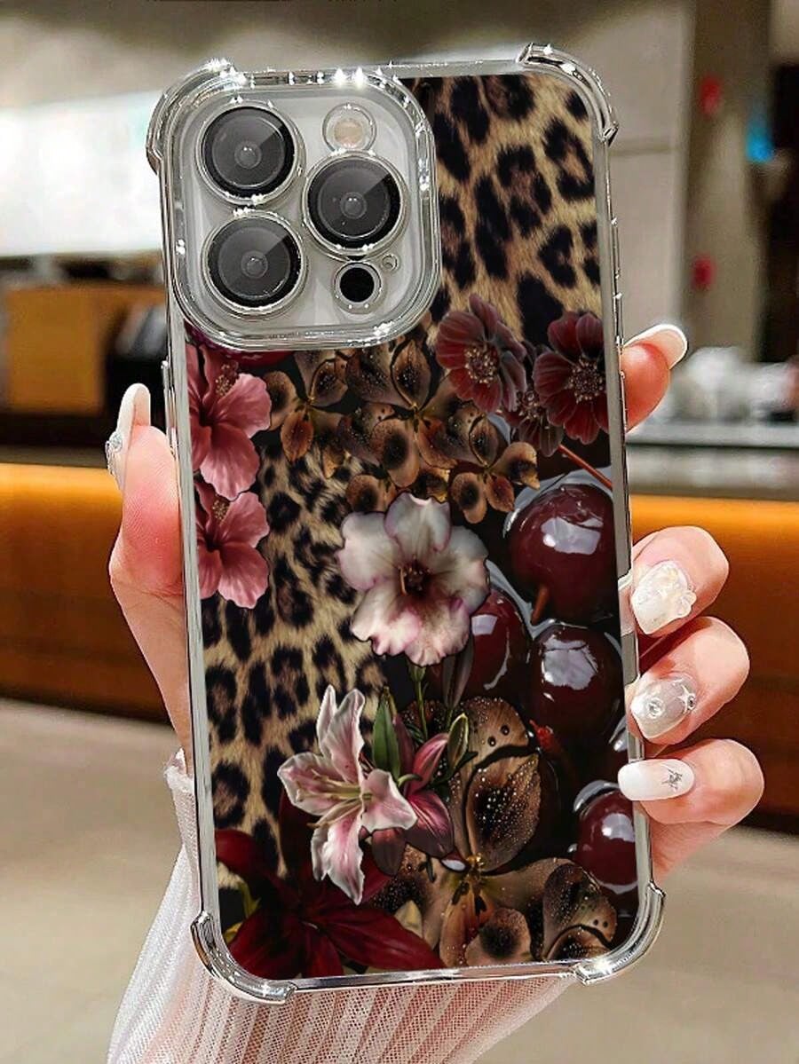 1pc Leopard Cherry Flowers Compatible With Apple Phone17/16/15/14/13/12/11/ProMax/Pro/Plus/Xs Max/XS/X,Four Corner Anti Fall Transparent Soft Shell Anti-Slip, Anti-Drop, Camera Lens Protection, Silico