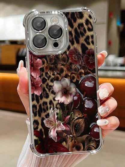 1pc Leopard Cherry Flowers Compatible With Apple Phone17/16/15/14/13/12/11/ProMax/Pro/Plus/Xs Max/XS/X,Four Corner Anti Fall Transparent Soft Shell Anti-Slip, Anti-Drop, Camera Lens Protection, Silico