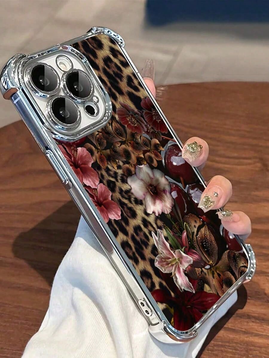 1pc Leopard Cherry Flowers Compatible With Apple Phone17/16/15/14/13/12/11/ProMax/Pro/Plus/Xs Max/XS/X,Four Corner Anti Fall Transparent Soft Shell Anti-Slip, Anti-Drop, Camera Lens Protection, Silico