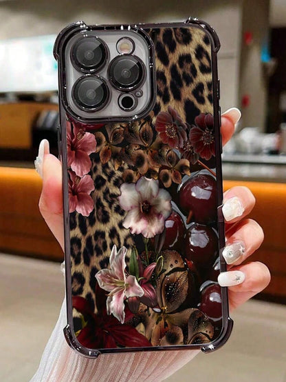 1pc Leopard Cherry Flowers Compatible With Apple Phone17/16/15/14/13/12/11/ProMax/Pro/Plus/Xs Max/XS/X,Four Corner Anti Fall Transparent Soft Shell Anti-Slip, Anti-Drop, Camera Lens Protection, Silico