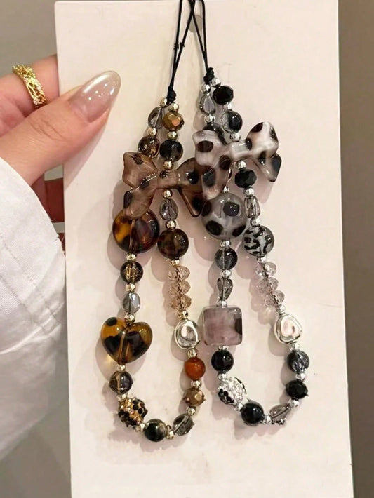 1pc Leopard Print Bow Decor Phone Lanyard, Handmade Beaded Phone Pendant, Phone Strap, CD/Camera Anti-Lost Chain, Bag Charm, Keychain, Compatible With Apple IPod Pro Bluetooth Earphone Case, Autumn/Wi