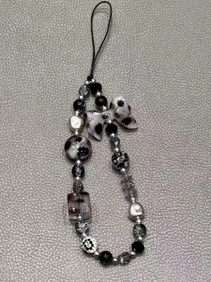 1pc Leopard Print Bow Decor Phone Lanyard, Handmade Beaded Phone Pendant, Phone Strap, CD/Camera Anti-Lost Chain, Bag Charm, Keychain, Compatible With Apple IPod Pro Bluetooth Earphone Case, Autumn/Wi
