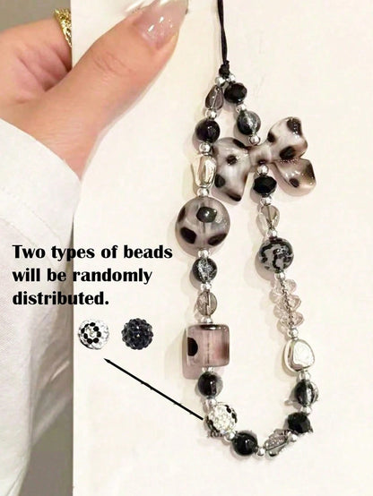 1pc Leopard Print Bow Decor Phone Lanyard, Handmade Beaded Phone Pendant, Phone Strap, CD/Camera Anti-Lost Chain, Bag Charm, Keychain, Compatible With Apple IPod Pro Bluetooth Earphone Case, Autumn/Wi