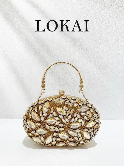 1pc Luxurious Rhinestone Hard Shell Evening Clutch, Women's Floral Leaf Design Fully Embellished Luxury Handbag Small Bag, With Metal Handle, Suitable For Wedding, Ball, High-End Formal Occasions, Bri
