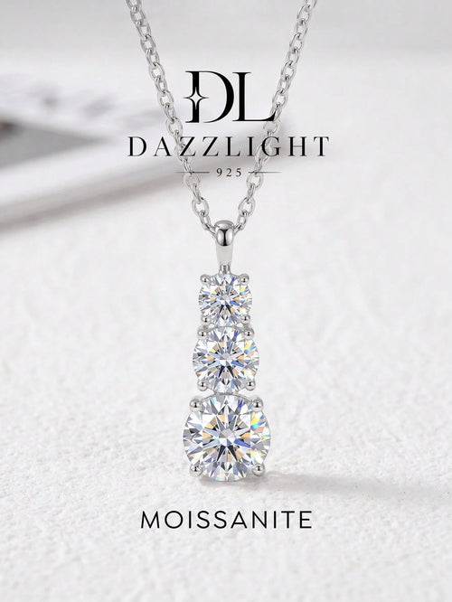 1pc Luxury 3-Diamond Necklace, Moissanite Diamond Pendant Necklace, 925 Sterling Silver Wedding/Engagement Necklace, Luxury Jewelry Gift For Girls/Women, Anniversary Present