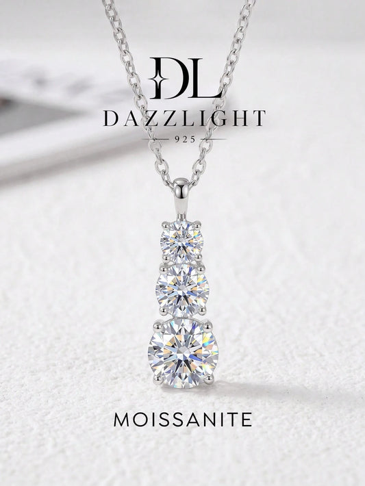 1pc Luxury 3-Diamond Necklace, Moissanite Diamond Pendant Necklace, 925 Sterling Silver Wedding/Engagement Necklace, Luxury Jewelry Gift For Girls/Women, Anniversary Present