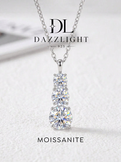 1pc Luxury 3-Diamond Necklace, Moissanite Diamond Pendant Necklace, 925 Sterling Silver Wedding/Engagement Necklace, Luxury Jewelry Gift For Girls/Women, Anniversary Present