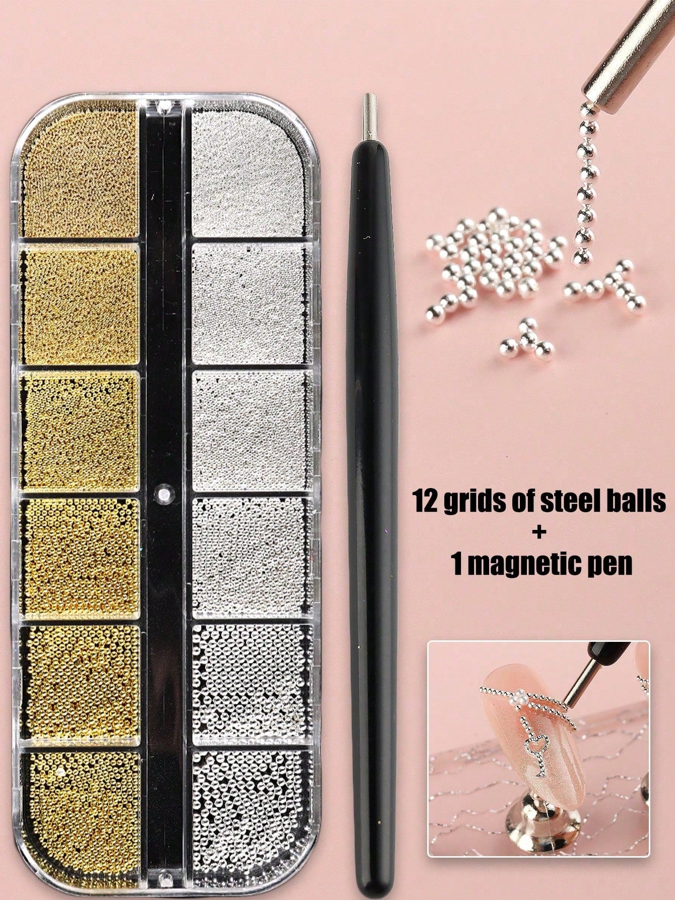 1pc Magnetic Nail Art Pen And 1 Box Of 12 Slots Gold & Silver Metal Pendant Mini Caviar Nail Beads Crystal Decorations- Perfect For Cat Eye/Gemstone Style Gel Nail Polish Magnetic Nail Art Tools Pen