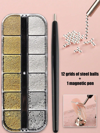 1pc Magnetic Nail Art Pen And 1 Box Of 12 Slots Gold & Silver Metal Pendant Mini Caviar Nail Beads Crystal Decorations- Perfect For Cat Eye/Gemstone Style Gel Nail Polish Magnetic Nail Art Tools Pen