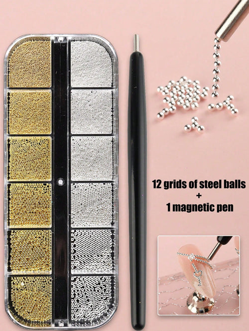 1pc Magnetic Nail Art Pen And 1 Box Of 12 Slots Gold & Silver Metal Pendant Mini Caviar Nail Beads Crystal Decorations- Perfect For Cat Eye/Gemstone Style Gel Nail Polish Magnetic Nail Art Tools Pen