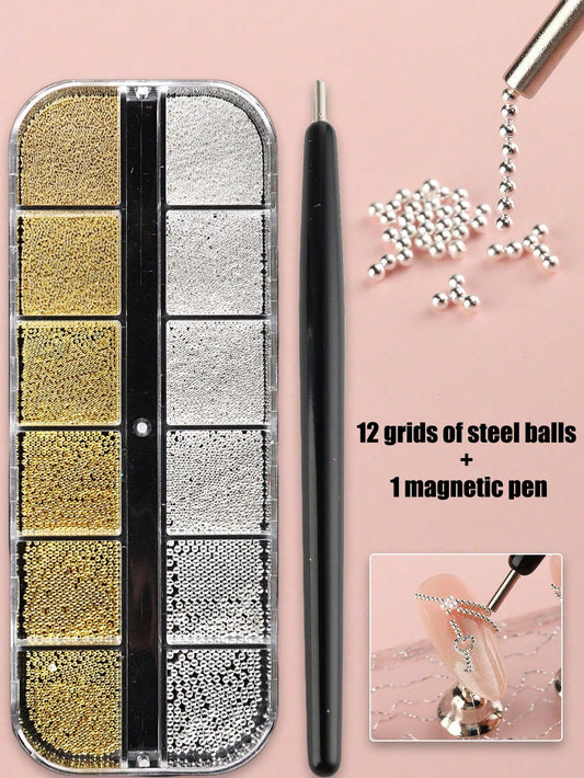 1pc Magnetic Nail Art Pen And 1 Box Of 12 Slots Gold & Silver Metal Pendant Mini Caviar Nail Beads Crystal Decorations- Perfect For Cat Eye/Gemstone Style Gel Nail Polish Magnetic Nail Art Tools Pen