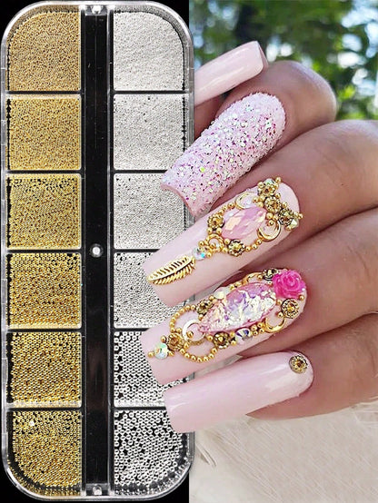 1pc Magnetic Nail Art Pen And 1 Box Of 12 Slots Gold & Silver Metal Pendant Mini Caviar Nail Beads Crystal Decorations- Perfect For Cat Eye/Gemstone Style Gel Nail Polish Magnetic Nail Art Tools Pen