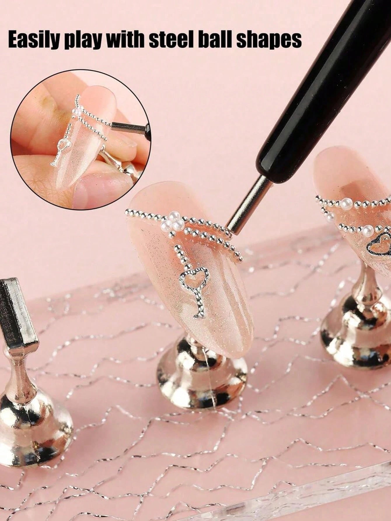 1pc Magnetic Nail Art Pen And 1 Box Of 12 Slots Gold & Silver Metal Pendant Mini Caviar Nail Beads Crystal Decorations- Perfect For Cat Eye/Gemstone Style Gel Nail Polish Magnetic Nail Art Tools Pen