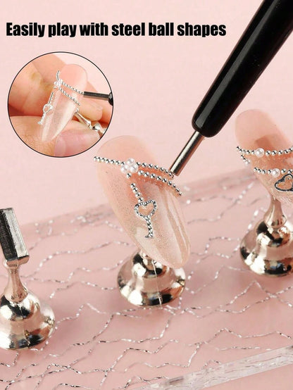 1pc Magnetic Nail Art Pen And 1 Box Of 12 Slots Gold & Silver Metal Pendant Mini Caviar Nail Beads Crystal Decorations- Perfect For Cat Eye/Gemstone Style Gel Nail Polish Magnetic Nail Art Tools Pen